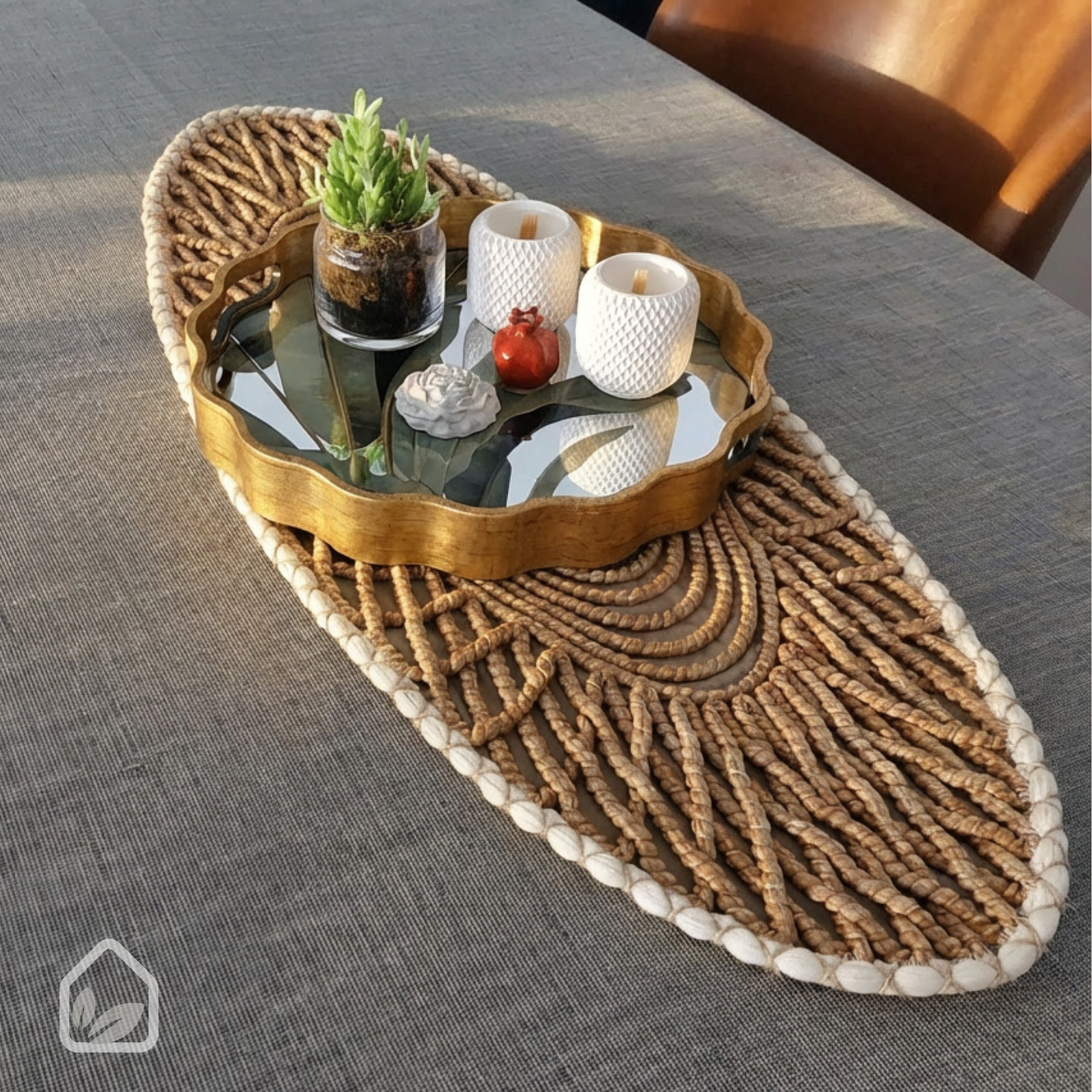 Woven Table Runner, Oval Handcrafted Dining Table Decor, 35x90cm
