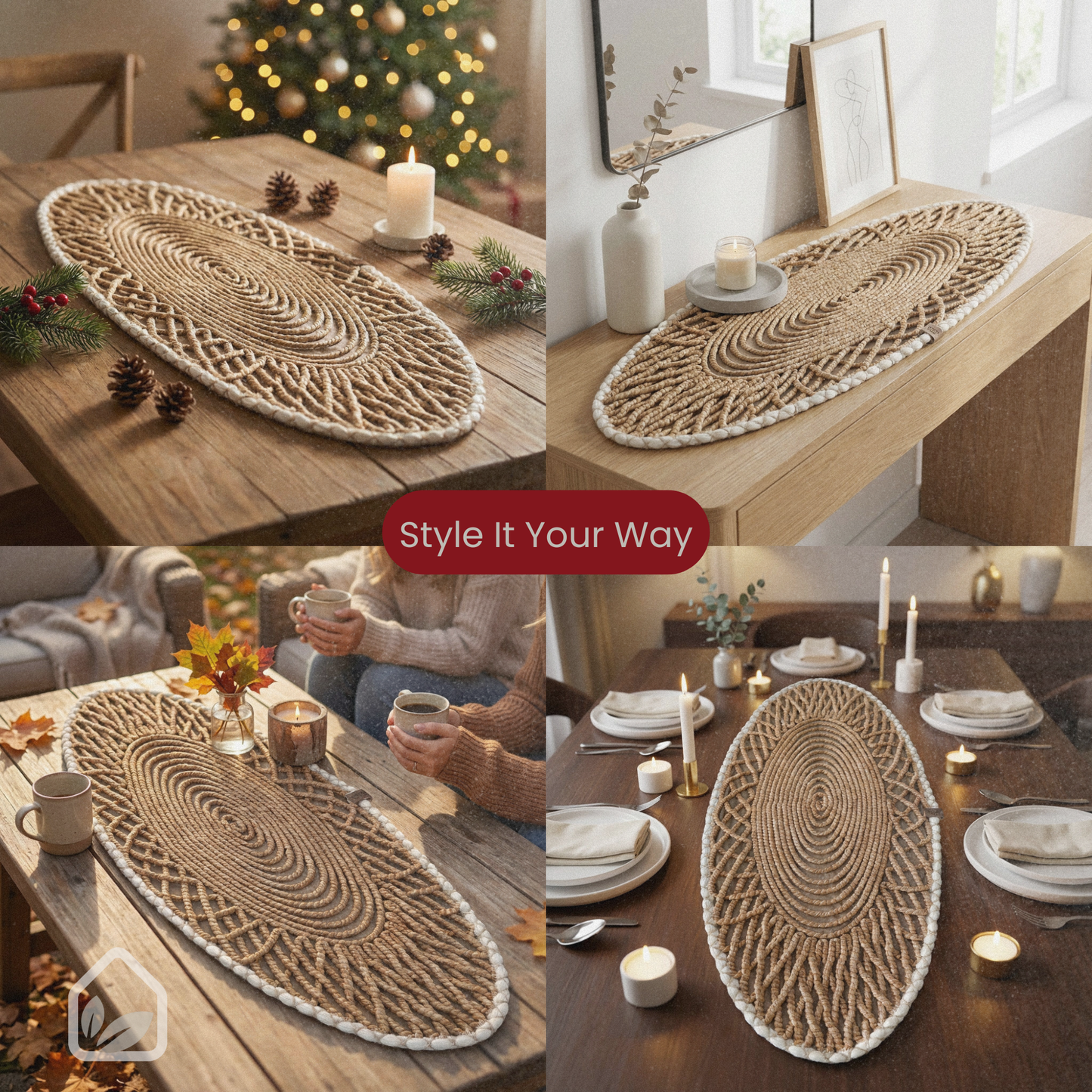 Woven Table Runner, Oval Handcrafted Dining Table Decor, 35x90cm